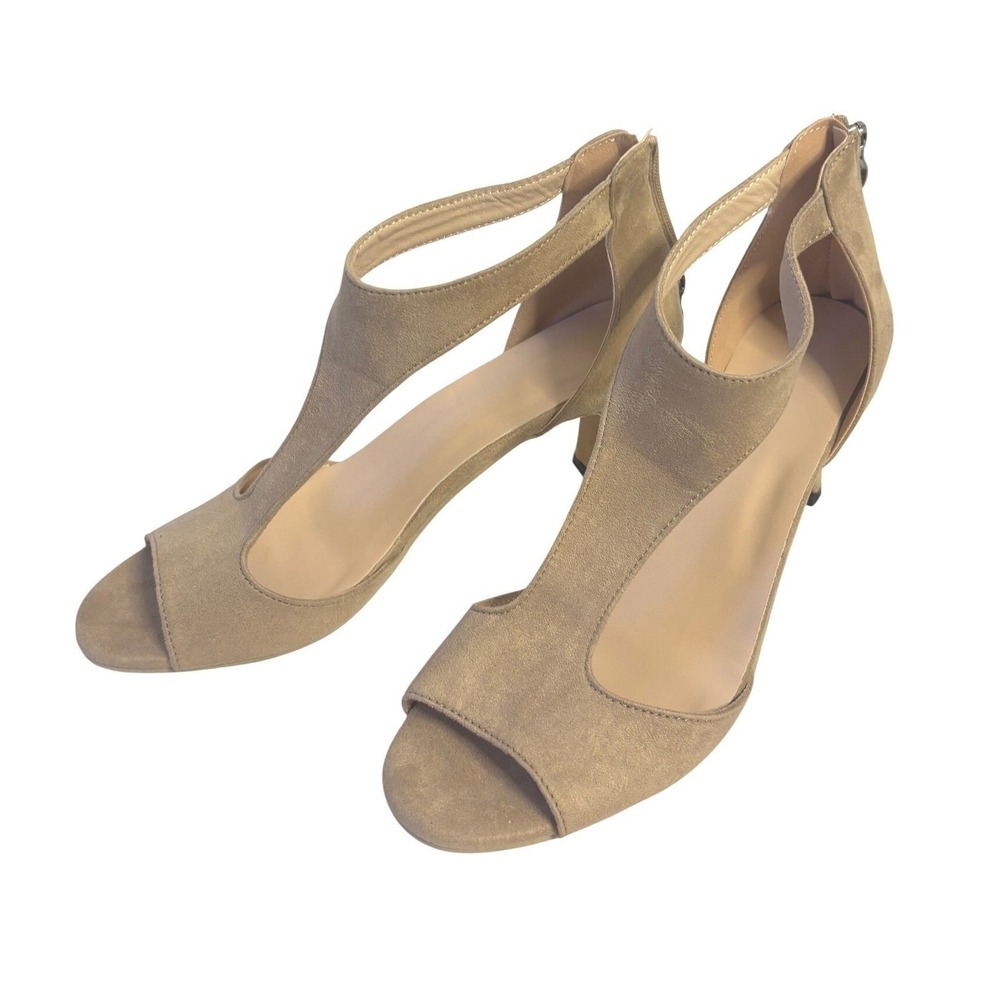 Cream Faux Suede T-Strap Open Toe Heels Back Zip Sandals | Size 42